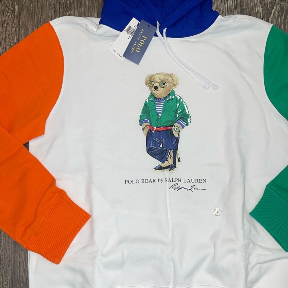 Polo Ralph Lauren Hoodie; Polo Bear -orange/green sleeves w/blue hood Size: L - Picture 3 of 7